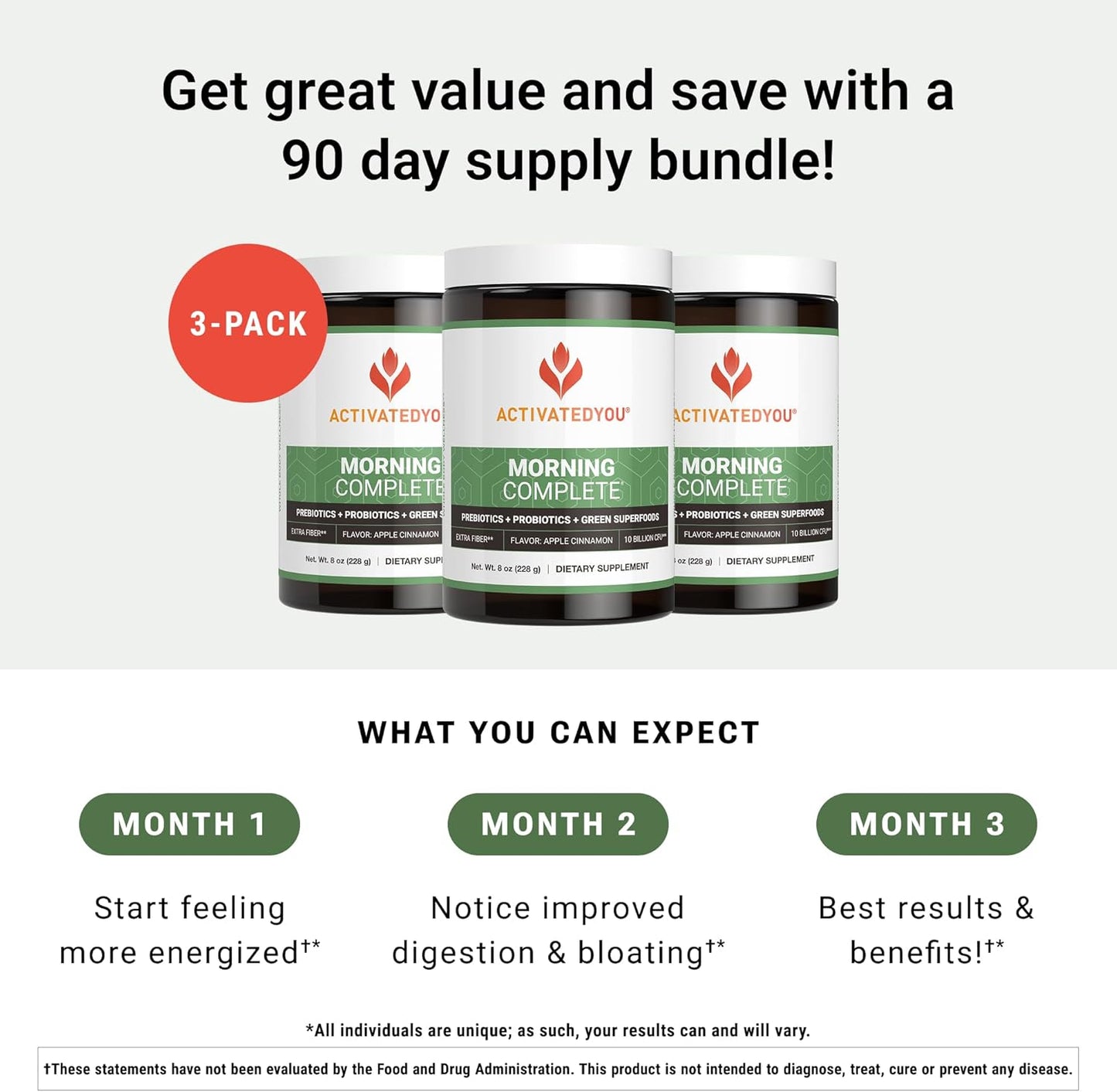 ACTIVATEDYOU Morning Complete Daily Wellness Greens Superfood Drink Mix for Gut Health w/Prebiotics, Probiotics, Antioxidants, Green Superfoods, 10 Billion CFUs