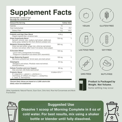 ACTIVATEDYOU Morning Complete Daily Wellness Greens Superfood Drink Mix for Gut Health w/Prebiotics, Probiotics, Antioxidants, Green Superfoods, 10 Billion CFUs