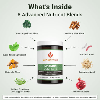 ACTIVATEDYOU Morning Complete Daily Wellness Greens Superfood Drink Mix for Gut Health w/Prebiotics, Probiotics, Antioxidants, Green Superfoods, 10 Billion CFUs